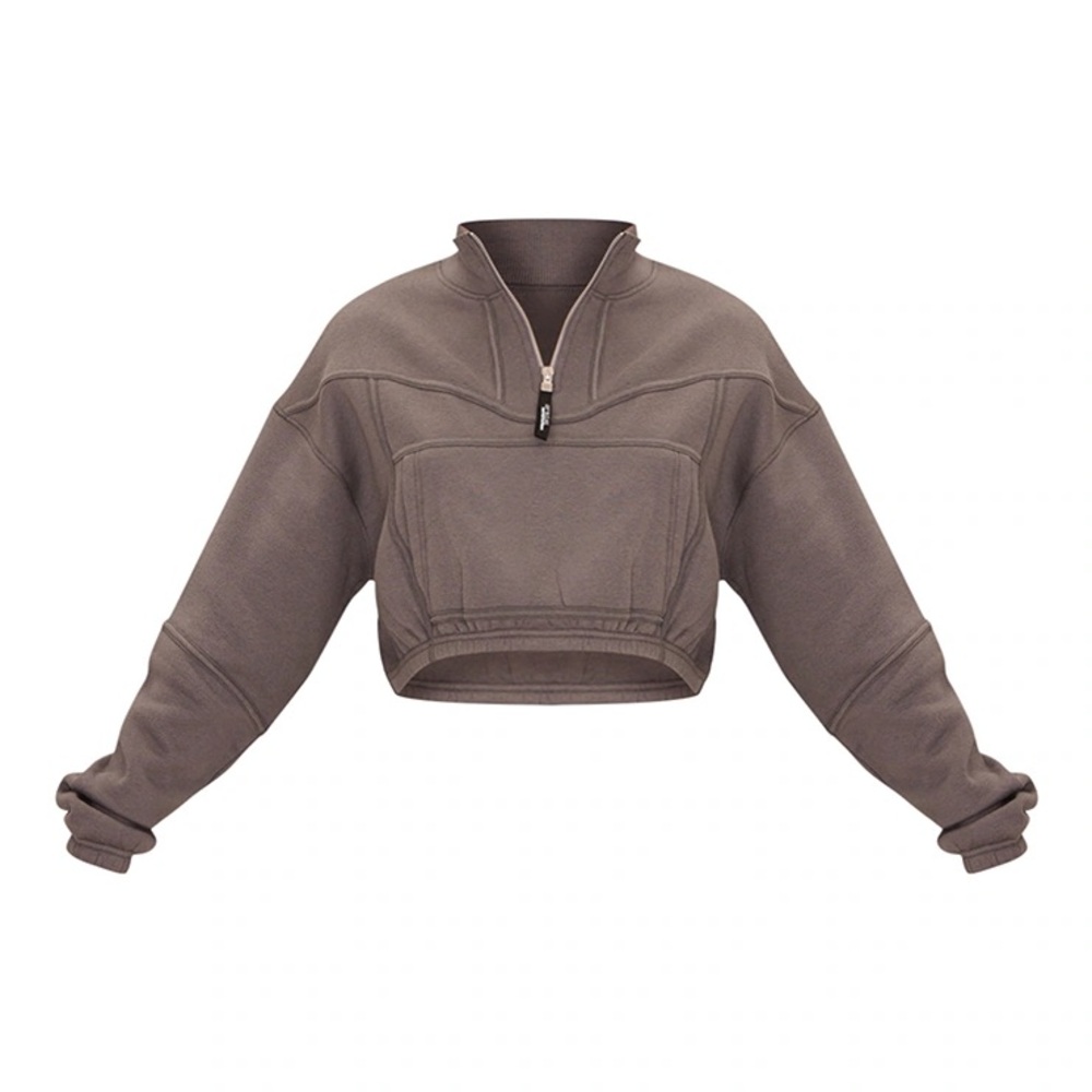 CHARCOAL ZIP TAPE FUNNEL NECK OVERSIZED CROPPED SWEATSHIRT